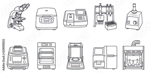Vászonkép Laboratory equipment line icons set, professional scientific research tools vect