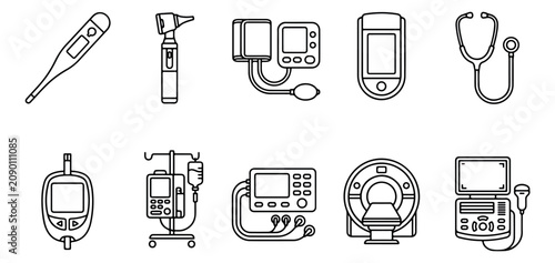 Foto Medical equipment line icons set, 10 healthcare diagnostic tools and hospital de