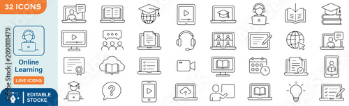Tableau sur toile 32 Online Learning Vector Outline Icons Set – E-Learning, Distance Education, Vi