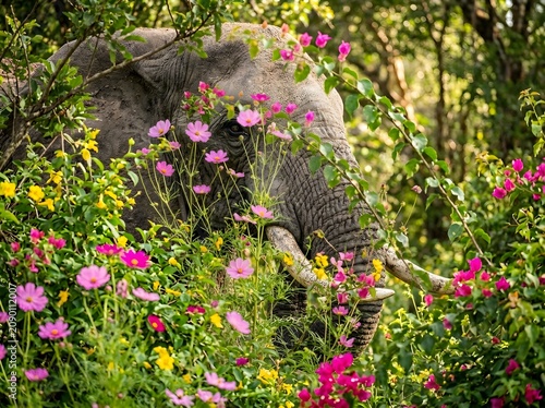 Elephant's Trunk and Tusks Peering Through Dense Pink and Yellow Flowers
