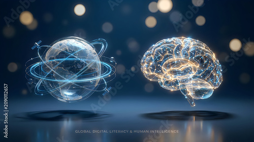 Digital human brain and rotating planet earth globe connected by data network technology