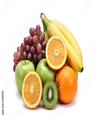 Fresh fruit mix with bananas, grapes, apples, oranges, and kiwi, isolated on white background