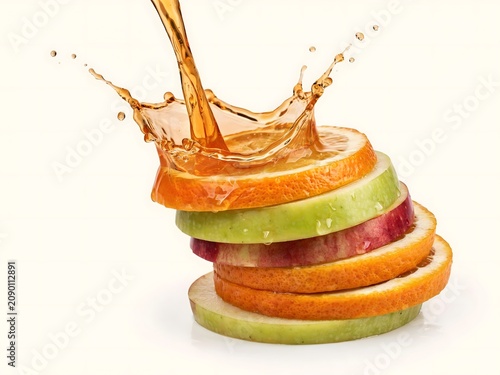 Fresh fruit slices with juice splash, healthy snack and beverage concept