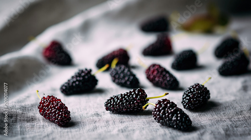 Close-up of ripe blackberries on a textured surface