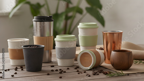 Reusable coffee cups and mugs display.