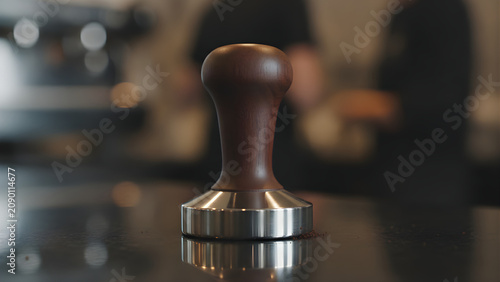 Coffee tamper on shiny surface closeup.