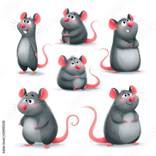 Cute cartoon rats and mice characters with various expressions and poses like happy, sad, and grumpy