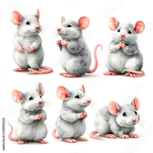 Adorable watercolor illustration of six little white mice with pink ears and tails in various cute poses
