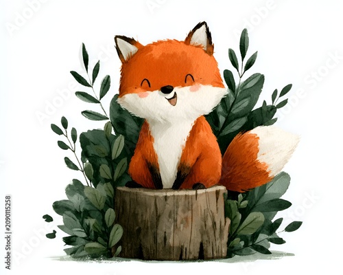Adorable watercolor fox sitting happily on a tree stump surrounded by lush green foliage, a charming and cheerful woodland illustration for children