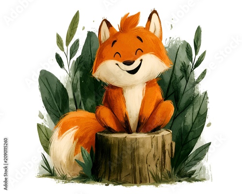 Cheerful cartoon fox smiles happily sitting on a tree stump among green leaves
