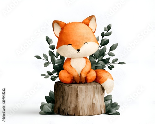 Cute watercolor fox illustration sitting on a tree stump with green leaves on a white background