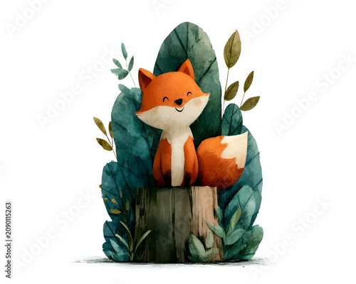 Cute smiling fox watercolor illustration sitting on a tree stump surrounded by green foliage
