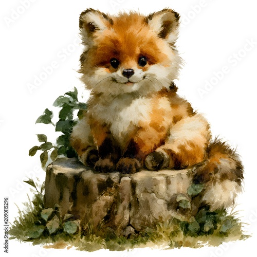 Adorable baby fox with big eyes sitting on a tree stump, rendered in a charming watercolor illustration