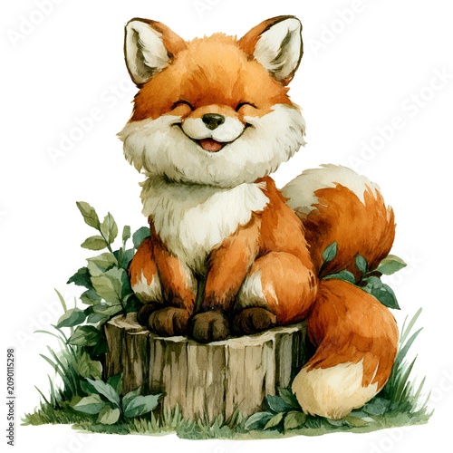 Cute Happy Fox Sitting on a Tree Stump Watercolor Illustration