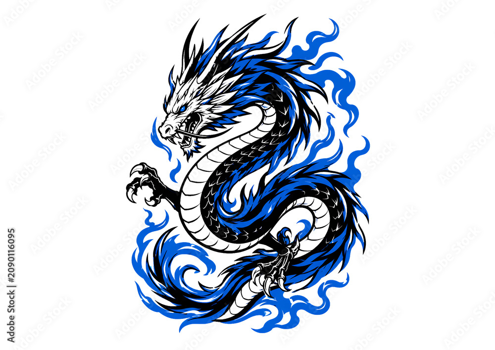 Obraz premium Blue Flame Japanese Dragon Vector – Fierce Oriental Mythical Dragon Tattoo Design