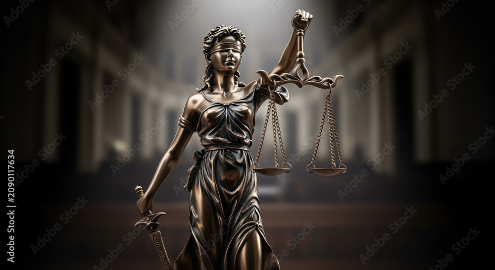 Fototapeta premium Bronze statue of Lady Justice in a grand hallway, holding balanced scales and sword. She wears flowing robes and blindfold, symbolizing impartiality. Perfect for legal projects.