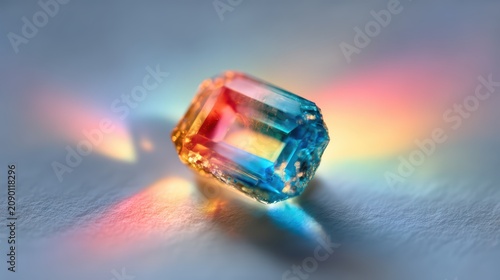 Prismatic Gemstone: A faceted gemstone, refracting light into a vibrant spectrum of colors, rests on a textured surface, creating an ethereal display of light and shadow.
