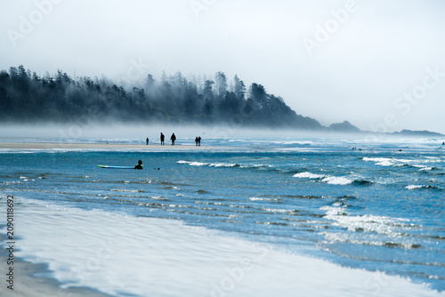Surfer Waiting for Waves Along Misty Forested Coast
