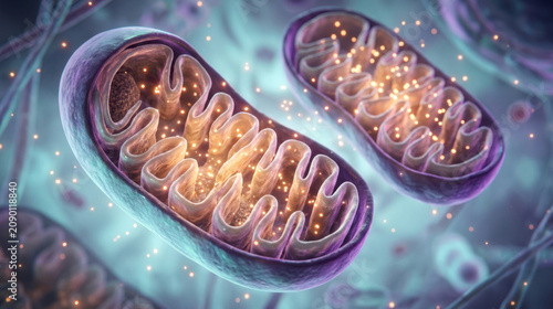 Interior view of mitochondria powering a cell, with folded cristae, ATP-like energy sparks, and a surrounding cytoplasmic haze. The scene is framed as a luminous cutaway, using amber, violet, and