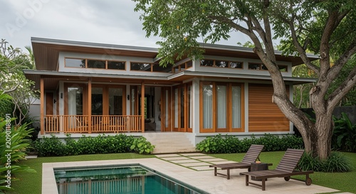 Modern wooden house with covered porch and large windows beside a green pool. Mature tree provides shade in landscaped yard. Contemporary design with clean lines and natural materials.