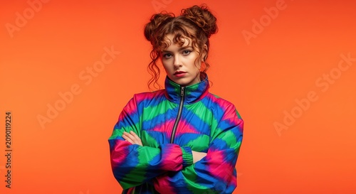 Young woman with curly reddish-brown hair in double buns against orange background. She wears a vibrant multicolored windbreaker with bold stripes. Perfect for fashion projects.