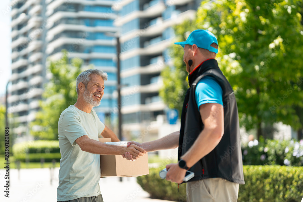 Naklejka premium A man receives a package from a delivery person in an urban setting. The two are outdoors near tall buildings and greenery on a sunny day. The smiling man shows appreciation.