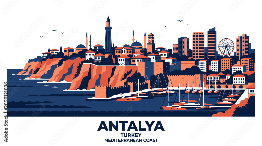 Obraz premium Antalya Turkey Mediterranean Coast Skyline Vector Illustration in Orange, Navy Blue and White Modern Flat Travel Style