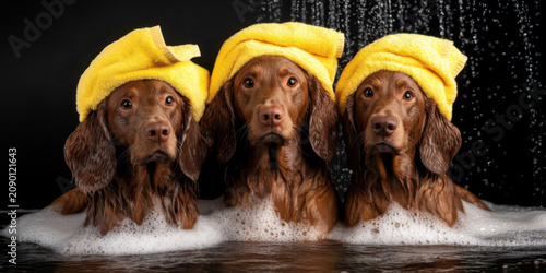 Three irish setter dogs are sitting on the bathtub in soap suds and surrounded by water. each wearing yellow towels wrapped around their heads