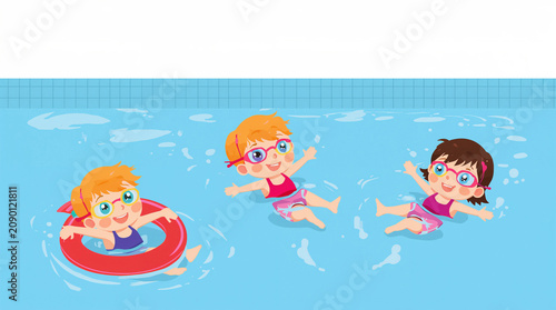 Kids Swimming in Pool Cartoon Illustration - Three Happy Children Playing in Water with Goggles and Lifebuoy Summer Fun Activity