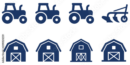 Tableau sur toile Farm Tractors And Barns Flat Icons Set On White Background Agricultural Machiner