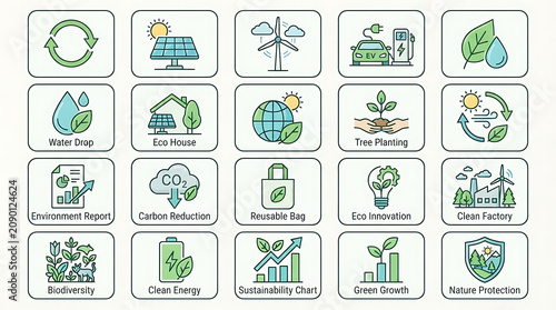 Sustainability icons illustrate a comprehensive set of ecological concepts and green energy solutions.