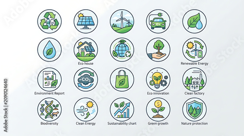 Green technology icons arranged in circular frames demonstrate eco-friendly practices and environmental initiatives for corporate branding.