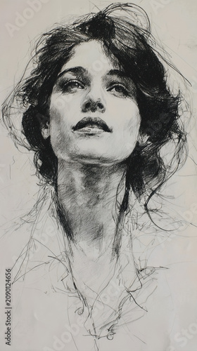 ​A black and white charcoal sketch of a woman, head and shoulders portrait, wearing a jacket