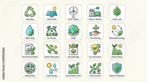 Sustainable development icons illustrate various methods of ecological conservation and renewable energy usage in modern industry.