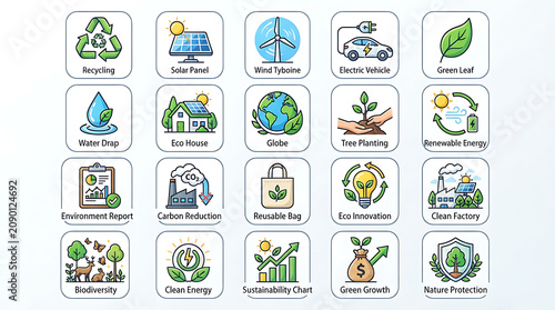 Environmental icons represent sustainable living and green energy solutions through a series of colorful square emblems.