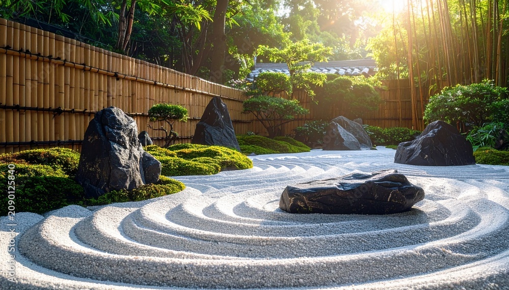 Obraz premium Serene Rock Garden with Moss Islands and Bamboo