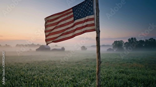 American flag waves gently on a wooden pole in a misty rural field at sunrise with a barn in the background
