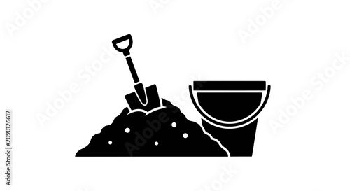 Vector illustration of black silhouette of a shovel in a pile of sand and a bucket on a transparent background