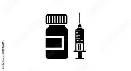 Vector illustration of medical vaccine bottle and syringe icon on a transparent background