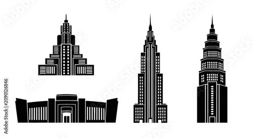 Vector illustration of set of black silhouettes of modern skyscrapers and city buildings on a transparent background