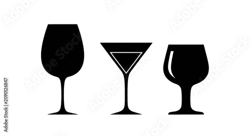 Vector illustration of set of three different black silhouettes of cocktail and wine glasses on a transparent background