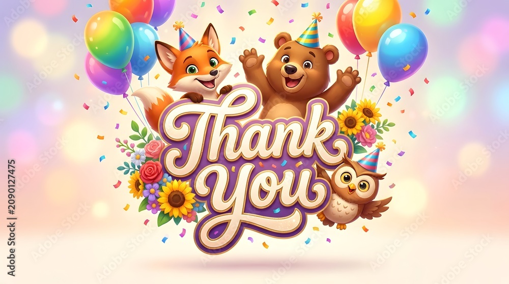 Naklejka premium Cheerful Thank You Cartoon Characters Celebration Card