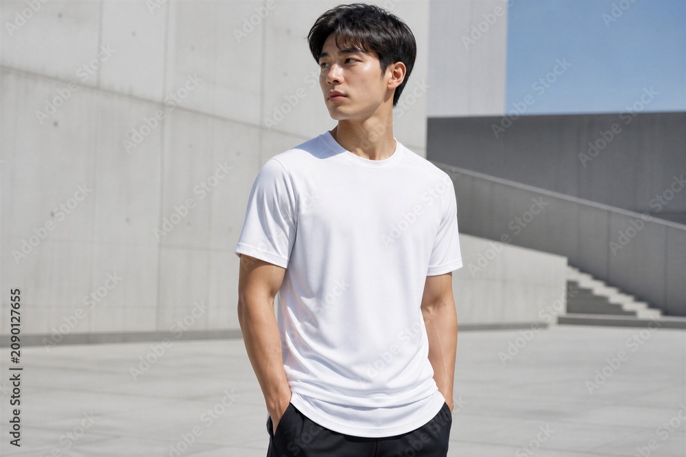 Obraz premium Man standing hands in pockets near modern concrete stairs