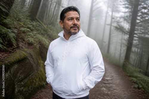 Middle aged man standing on foggy forest trail wearing white jacket