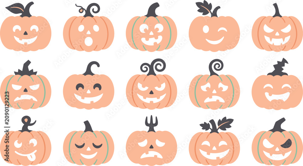 Fototapeta premium Halloween vector bundle 15 unique pumpkin faces for spooky decorations and designs