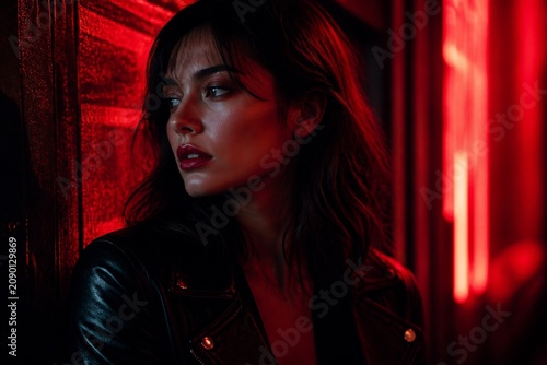 Woman looking aside wearing leather jacket in neon alley