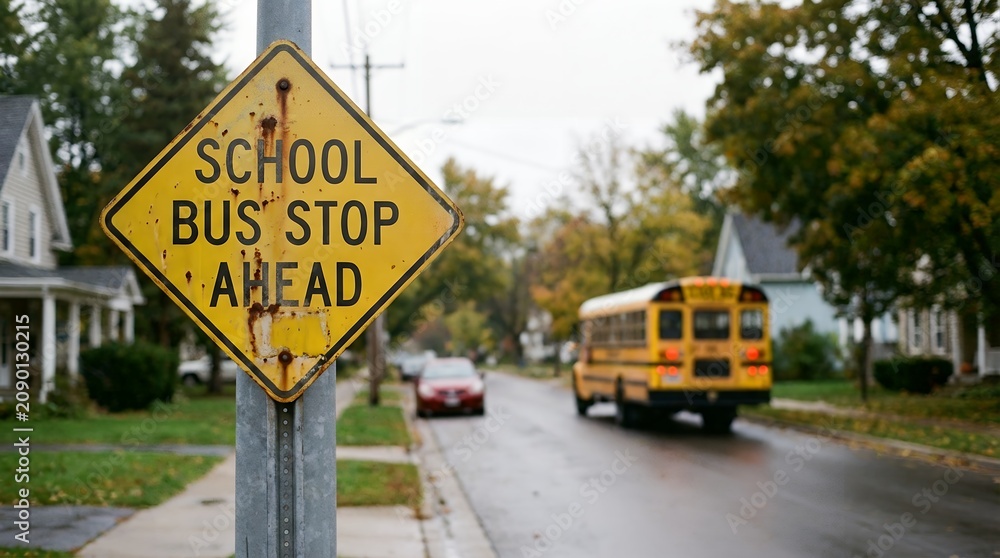 Obraz premium A weathered yellow diamond shaped road sign warns SCHOOL BUS STOP AHEAD next to a street with homes and a yellow school bus in the distance school bus stop sign warning sign