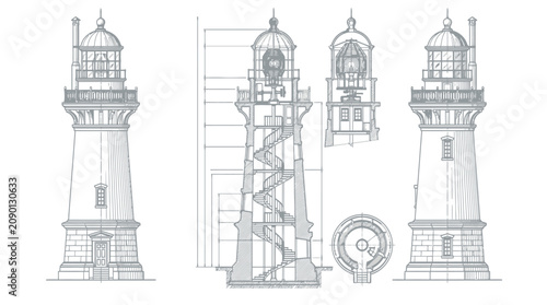 Architectural blueprint of a historic lighthouse design