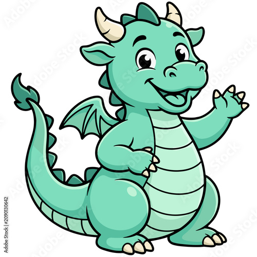 Cute Kawaii Teal Dragon Waving SVG Vector - Adorable Cartoon Fantasy Illustration on a Transparent Background