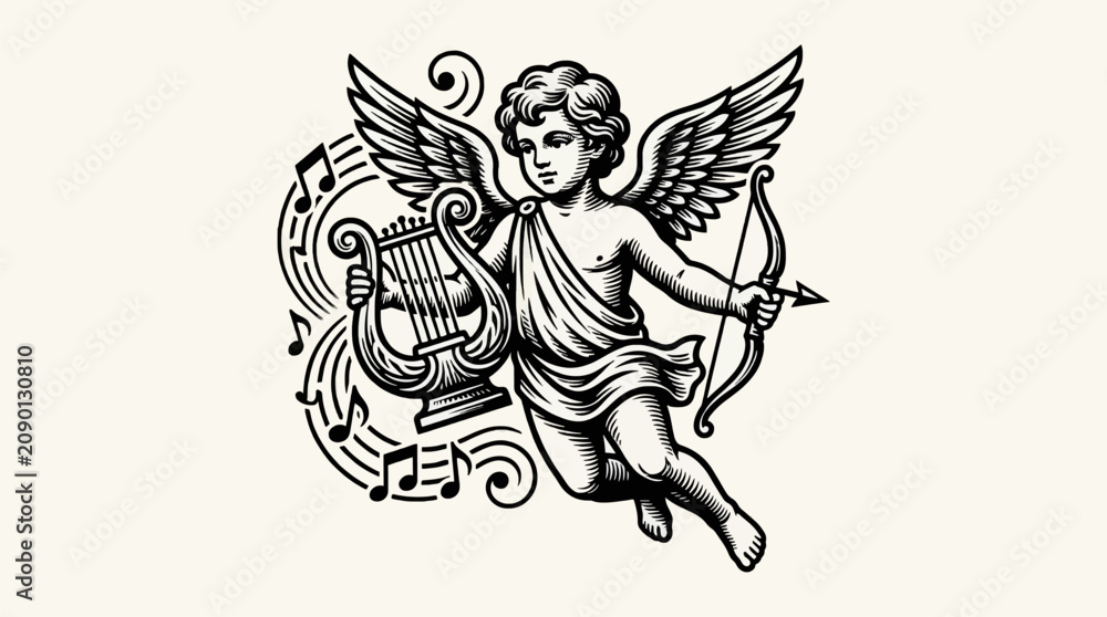 Fototapeta premium Cupid Playing Lyre with Musical Notes and Aiming Bow and Arrow, Black and White Vector Illustration with Swirling Ornaments, Symbol of Love and Music